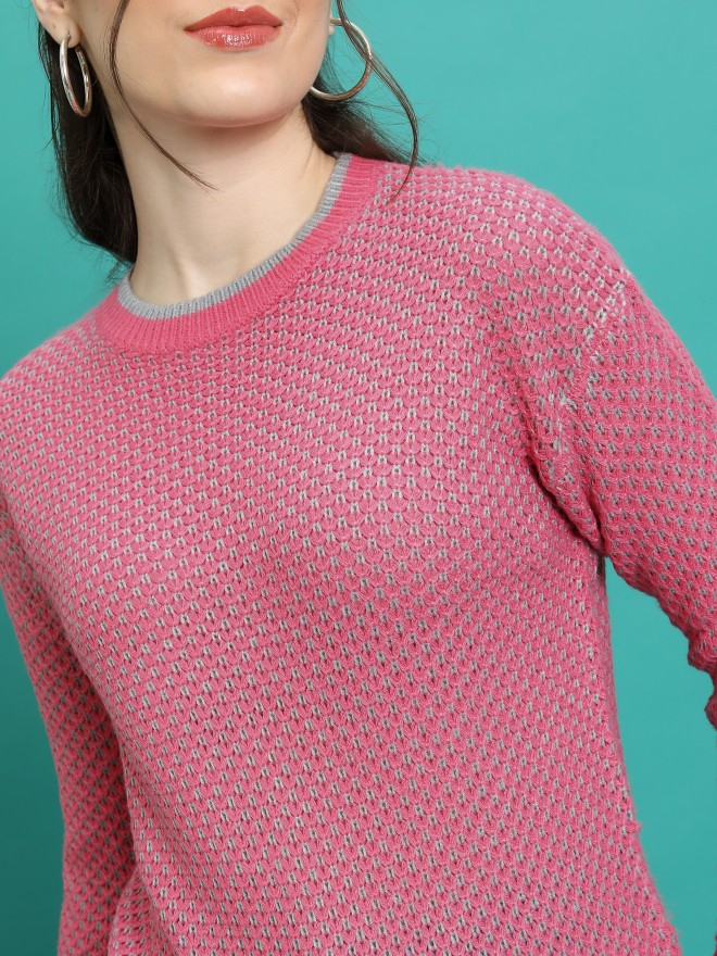 Tokyo Talkies Women Pink Round Neck Sweaters 