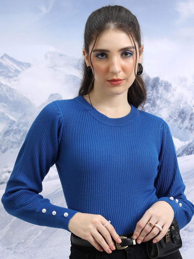 Tokyo Talkies Women Blue Boat Neck Sweaters 