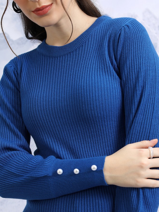 Tokyo Talkies Women Blue Boat Neck Sweaters 