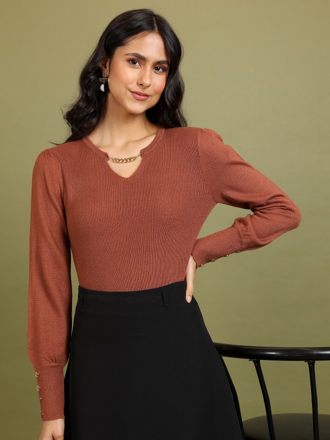 Tokyo Talkies Women Brown V-Neck Sweaters 