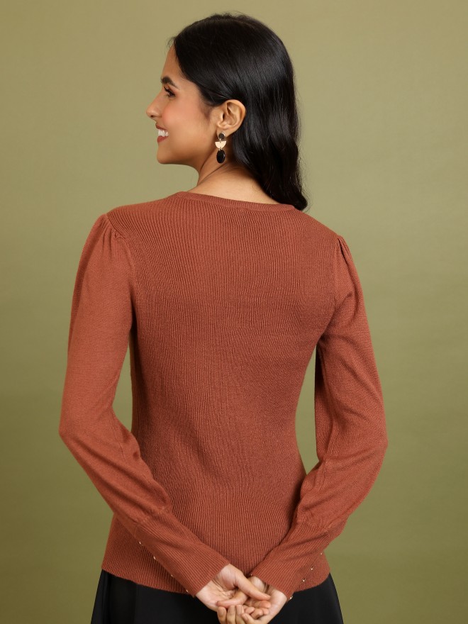 Tokyo Talkies Women Brown V-Neck Sweaters 