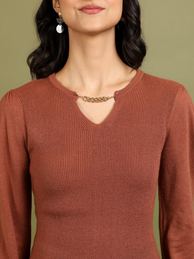 Tokyo Talkies Women Brown V-Neck Sweaters 