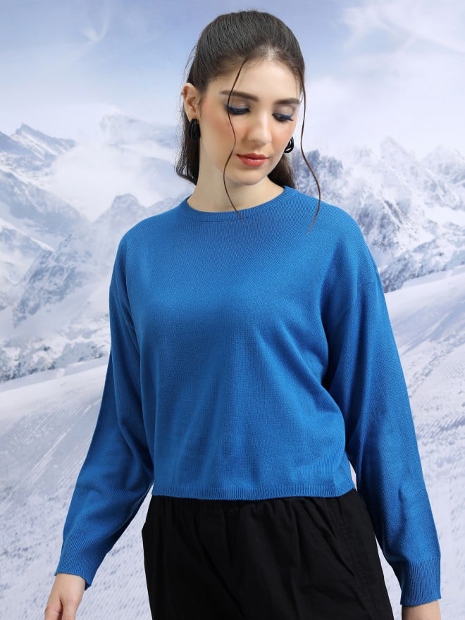 Tokyo Talkies Women Blue Round Neck Sweaters 