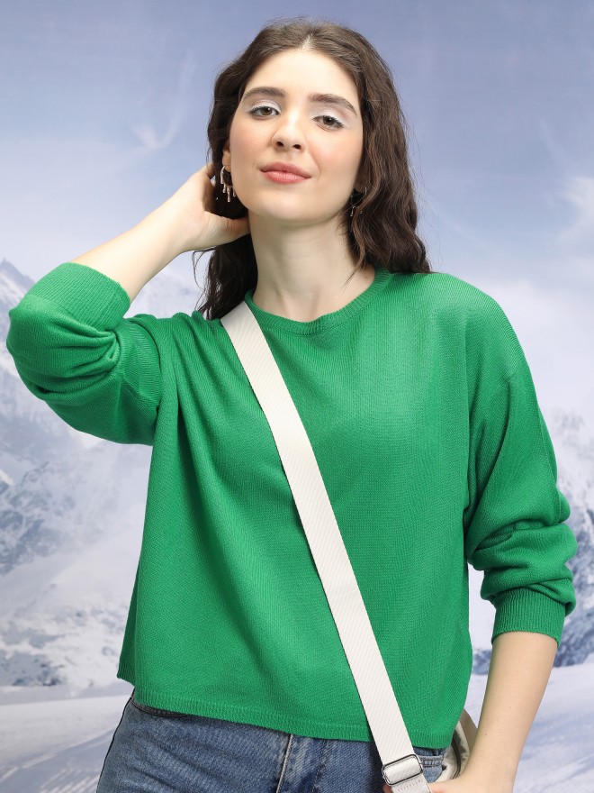 Tokyo Talkies Women Green Round Neck Sweaters 