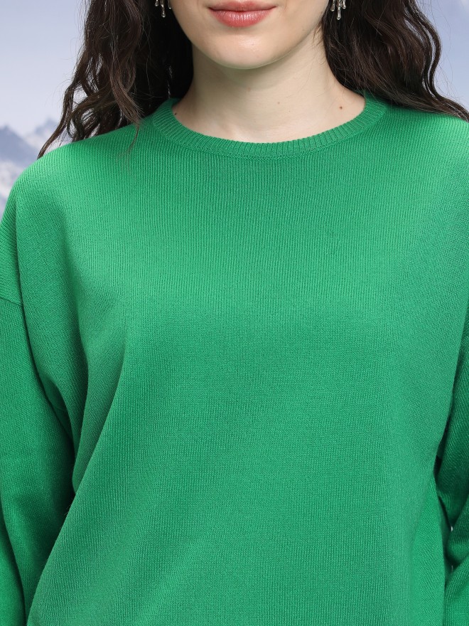 Tokyo Talkies Women Green Round Neck Sweaters 