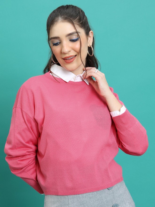 Tokyo Talkies Women Pink Round Neck Sweaters 