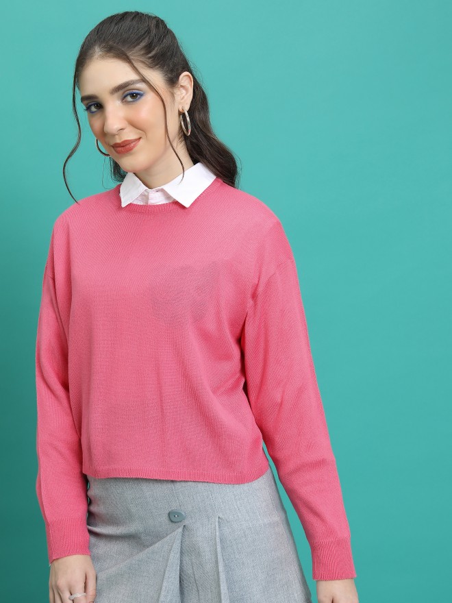 Tokyo Talkies Women Pink Round Neck Sweaters 