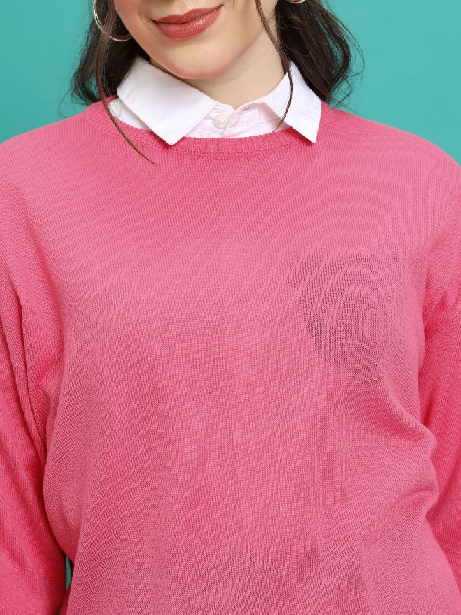 Tokyo Talkies Women Pink Round Neck Sweaters 