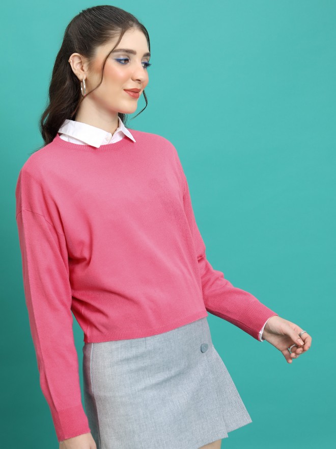 Tokyo Talkies Women Pink Round Neck Sweaters 