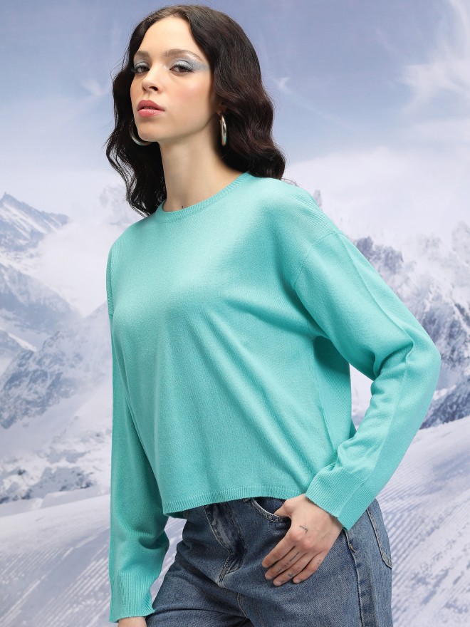 Tokyo Talkies Women Blue Round Neck Sweaters 