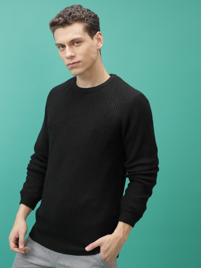 Highlander Men Black Round Neck Pullover Sweaters 