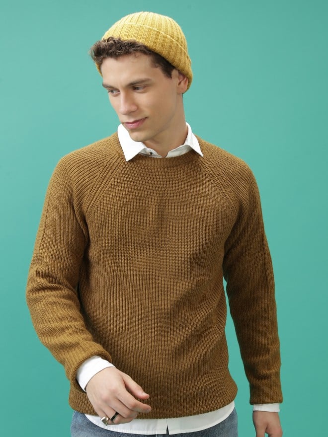 Highlander Men Mustard Round Neck Pullover Sweaters 