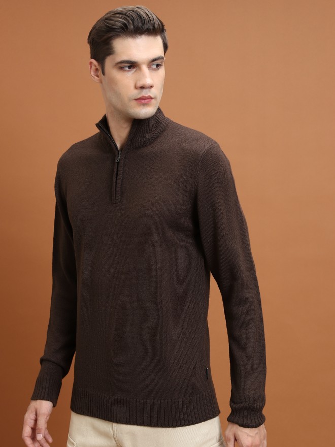 Highlander Men Brown High Neck Pullover Sweaters