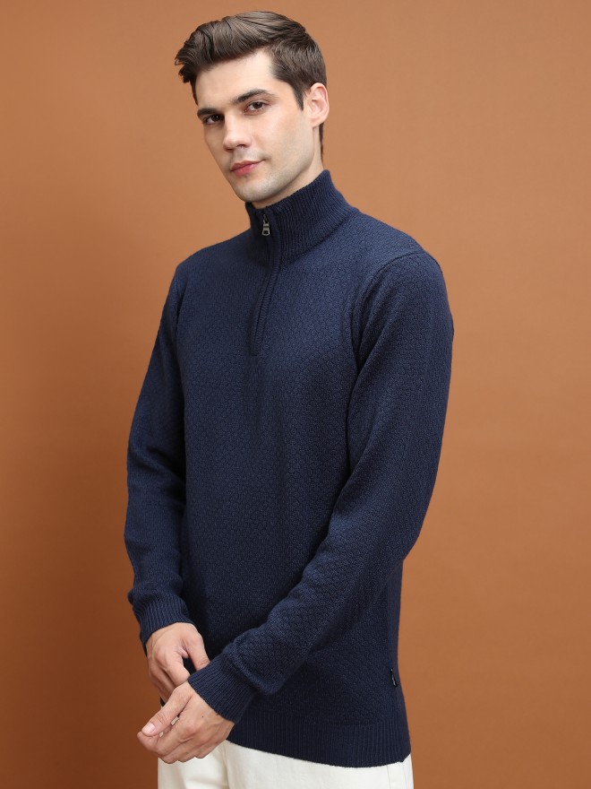 Highlander Men Navy Blue Mock Collar Pullover Sweaters 