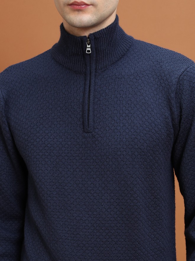 Highlander Men Navy Blue Mock Collar Pullover Sweaters 