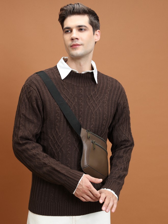 Highlander Men Brown Mock Collar Pullover Sweaters 