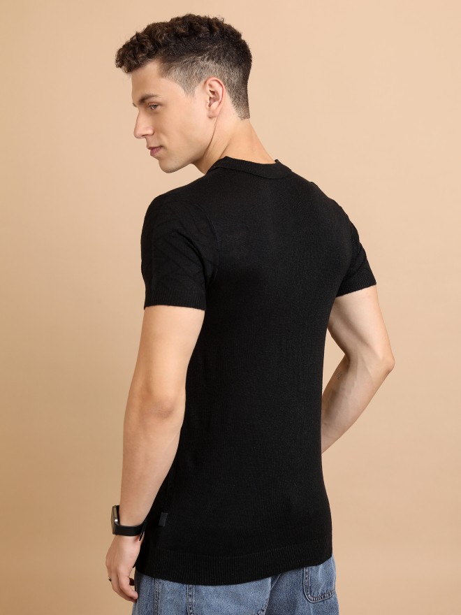 Highlander Men Black Self Design Shawl Collar T-Shirts 