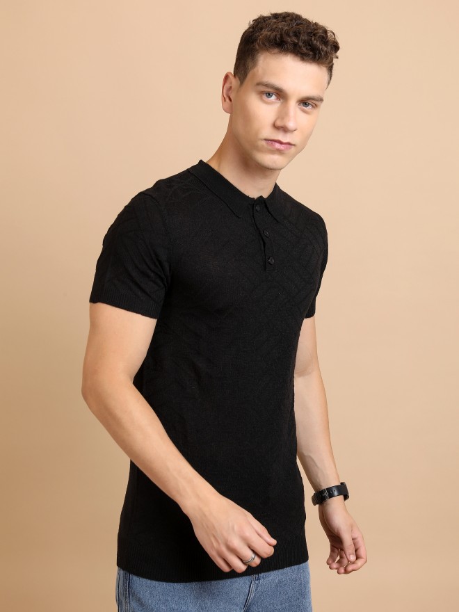 Highlander Men Black Self Design Shawl Collar T-Shirts 