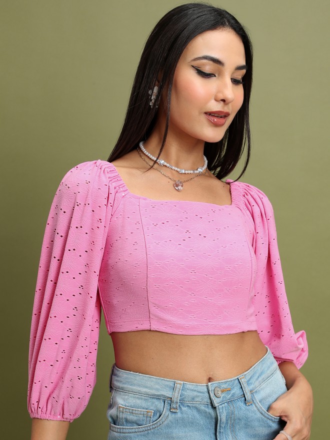 Tokyo Talkies Women Pink Solid Fitted Tops 