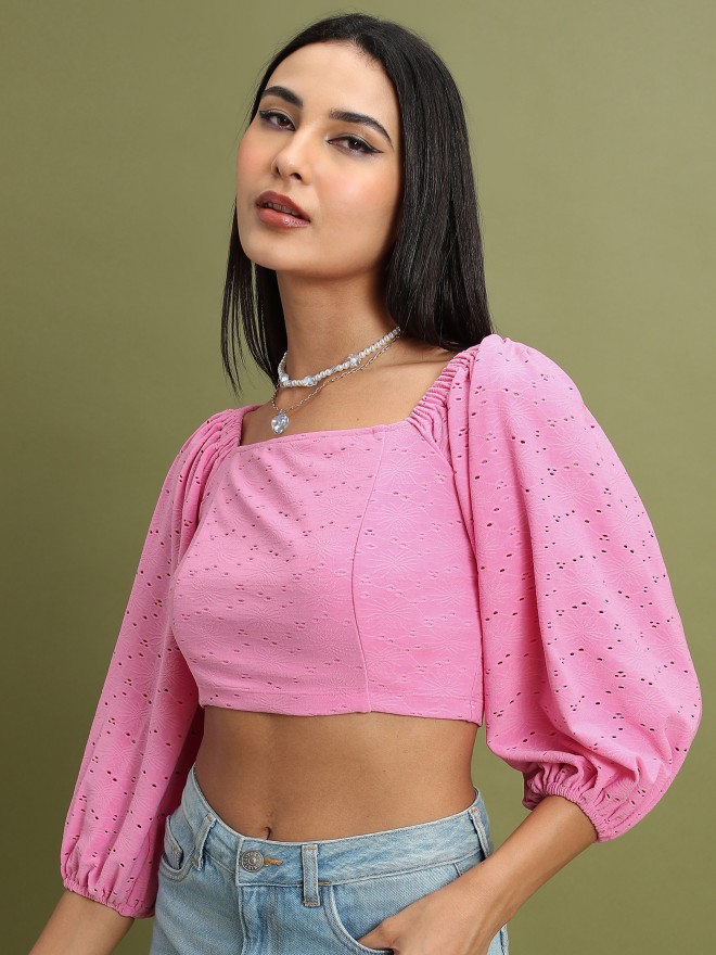 Tokyo Talkies Women Pink Solid Fitted Tops 