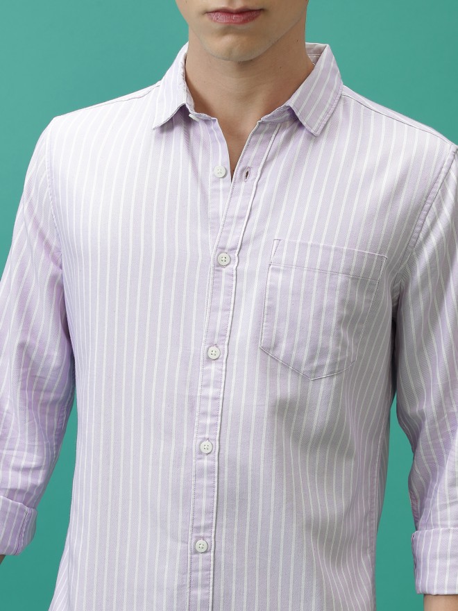 Highlander Men Lavender Striped Slim Fit Casual Shirts 