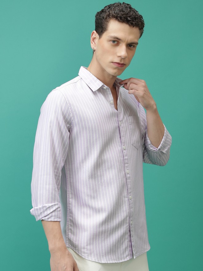 Highlander Men Lavender Striped Slim Fit Casual Shirts 