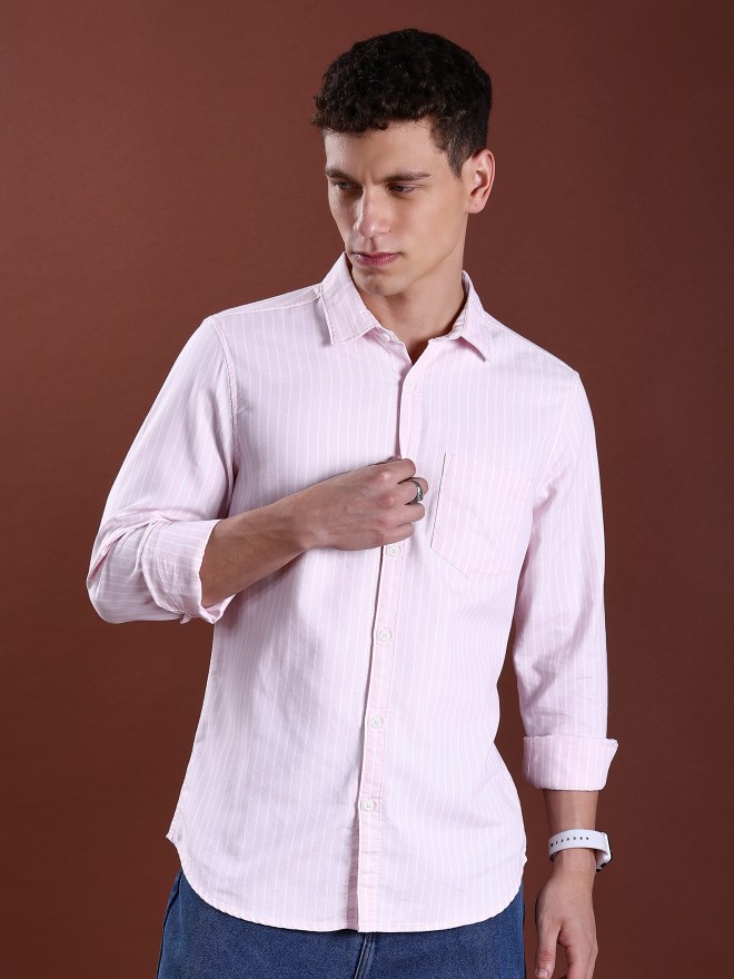 Highlander Men Pink Striped Slim Fit Casual Shirts 