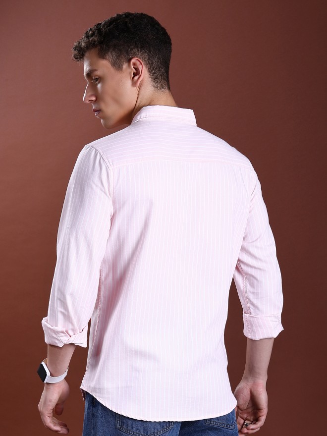 Highlander Men Pink Striped Slim Fit Casual Shirts 