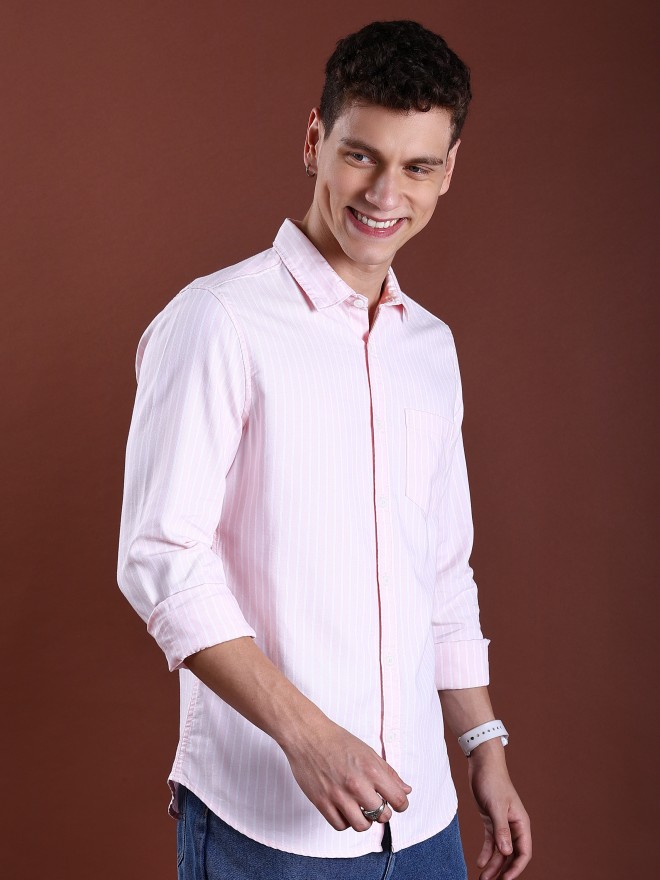 Highlander Men Pink Striped Slim Fit Casual Shirts 