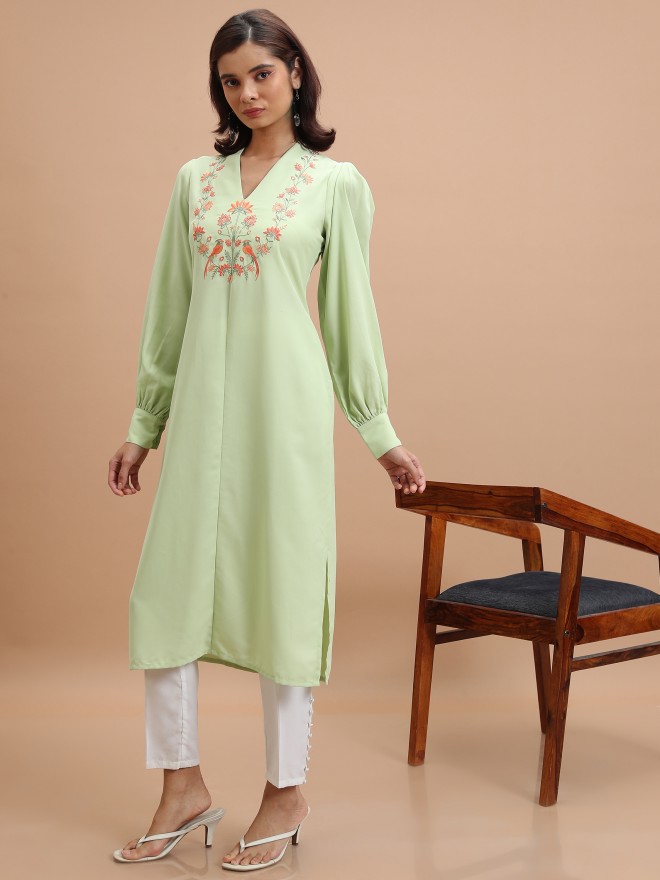 Buy Vishudh Green Embroidered Straight Kurta For Women Online At Rs 479