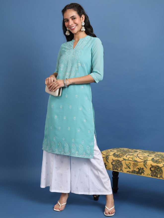 Ketch Women Blue Printed Straight Kurtas 