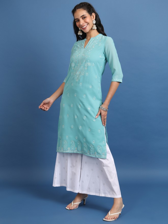 Ketch Women Blue Printed Straight Kurtas 