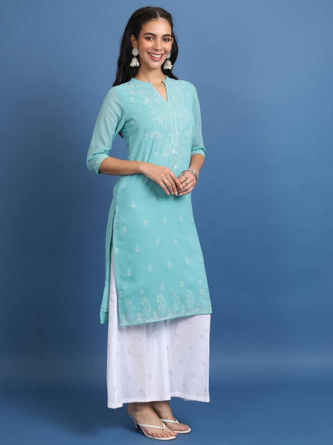 Ketch Women Blue Printed Straight Kurtas 