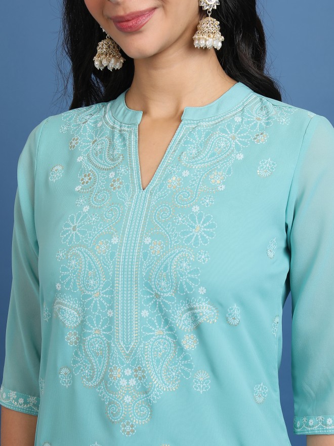 Ketch Women Blue Printed Straight Kurtas 