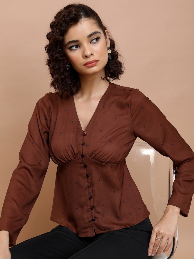 Tokyo Talkies Women Brown Printed Regular Tops 