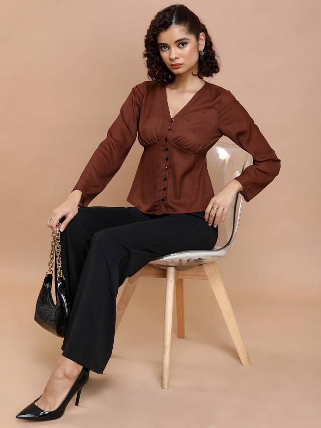 Tokyo Talkies Women Brown Printed Regular Tops 