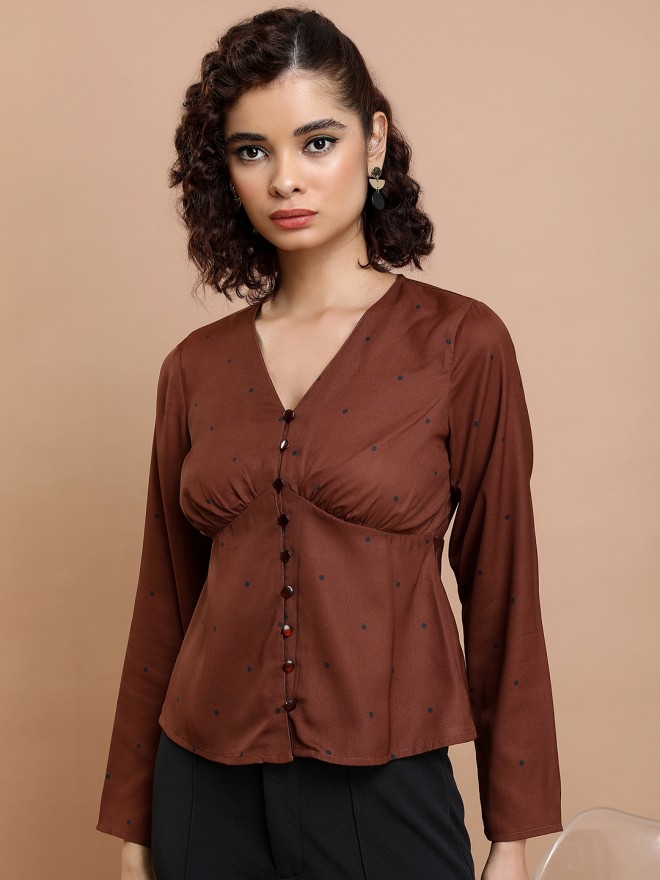 Tokyo Talkies Women Brown Printed Regular Tops 