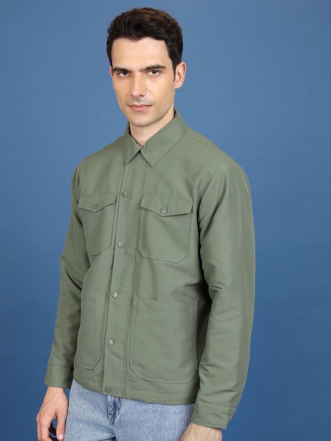 Ketch Men Olive Solid Open Front  Jackets 