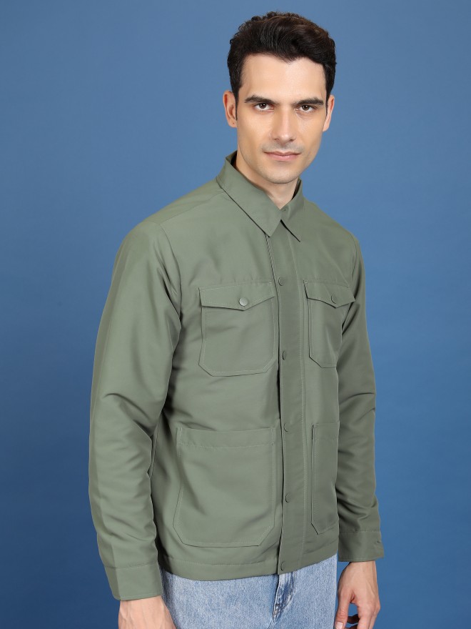 Ketch Men Olive Solid Open Front  Jackets 