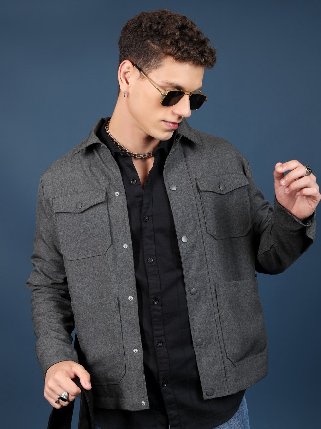 Ketch Men Grey Solid Open Front  Jackets 