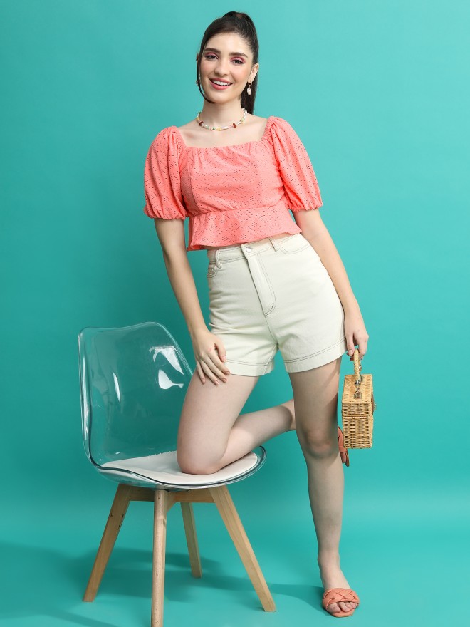 Tokyo Talkies Women Pink Self Design Peplum Tops 