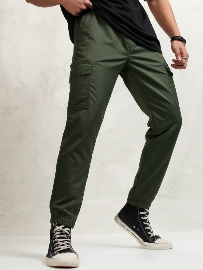 Highlander Men Olive Regular Fit Solid Casual Trousers Joggers 