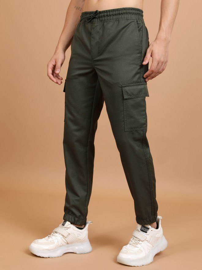 Highlander Men Olive Regular Fit Solid Casual Trousers Joggers 