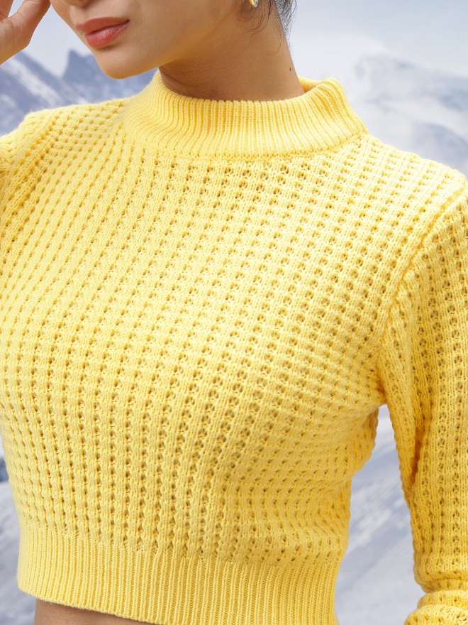 Tokyo Talkies Women Yellow Mock Collar Sweaters 