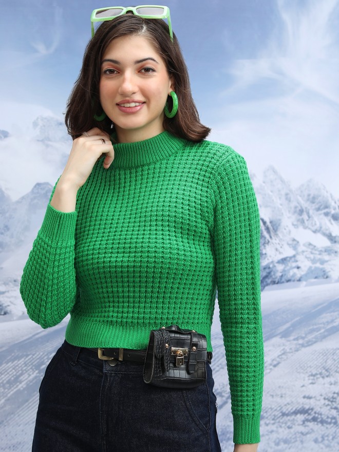 Tokyo Talkies Women Green Mock Collar Sweaters 
