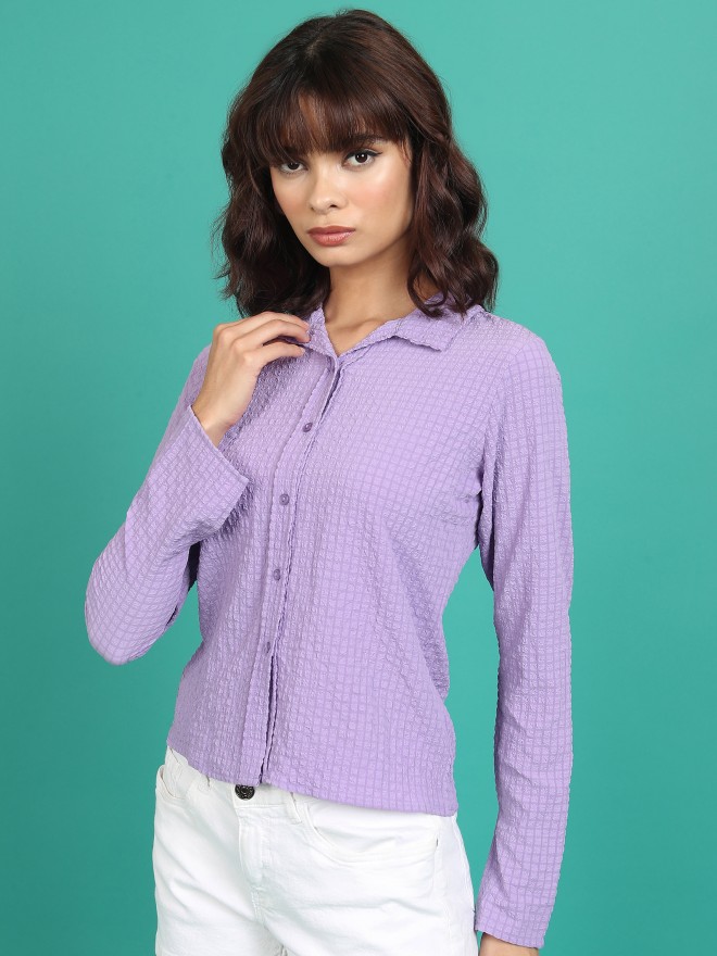 Tokyo Talkies Women Purple Self Design Casual Shirts 