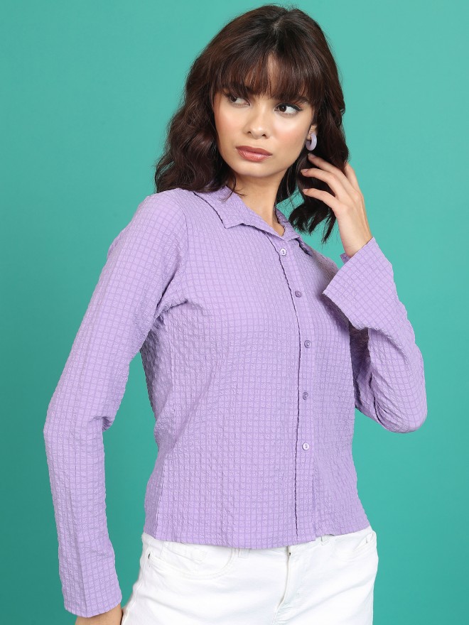 Tokyo Talkies Women Purple Self Design Casual Shirts 