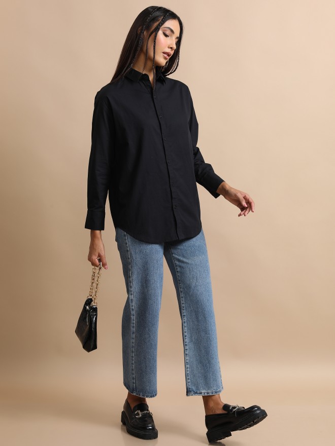 Tokyo Talkies Women Black Solid Casual Shirts 