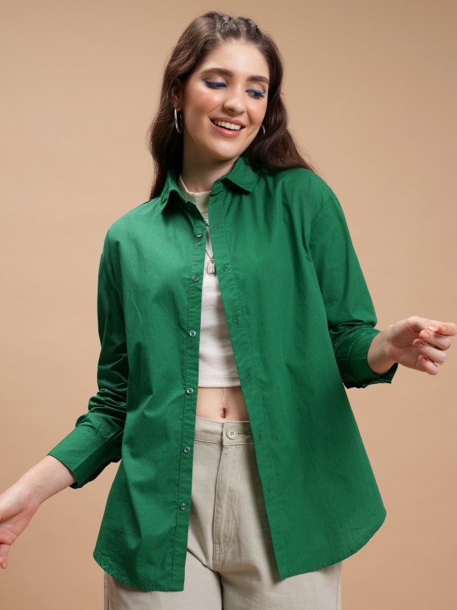 Tokyo Talkies Women Green Solid Casual Shirts 