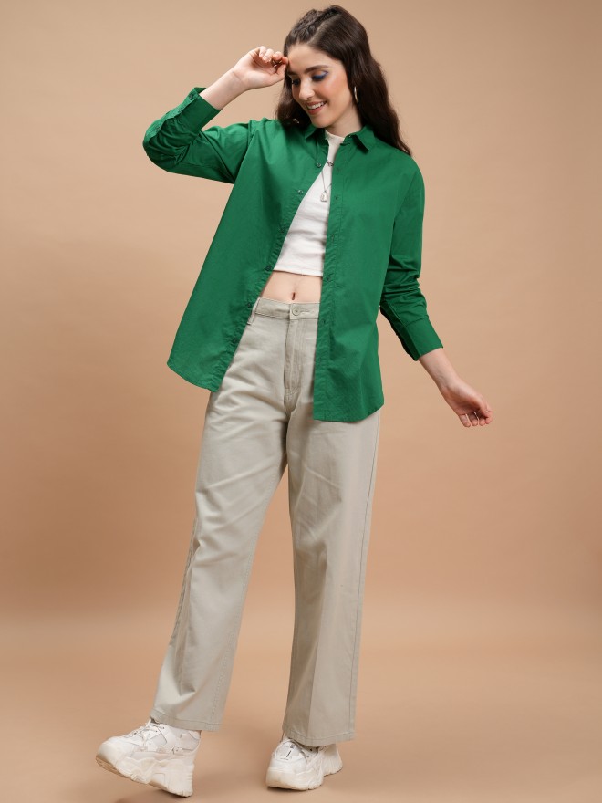 Tokyo Talkies Women Green Solid Casual Shirts 